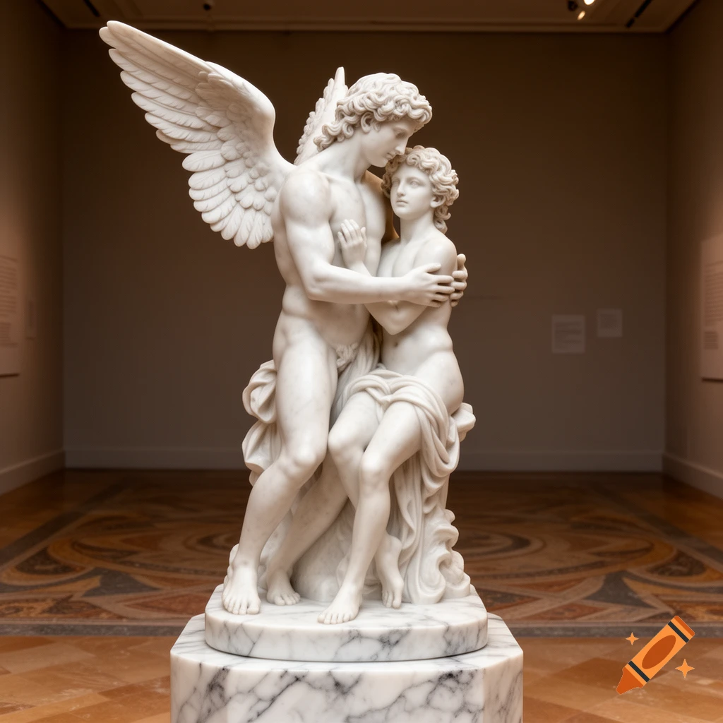 A white marble statue depicts a winged, muscular man embracing a seated man, set in a museum against a warm-toned wall and patterned floor.