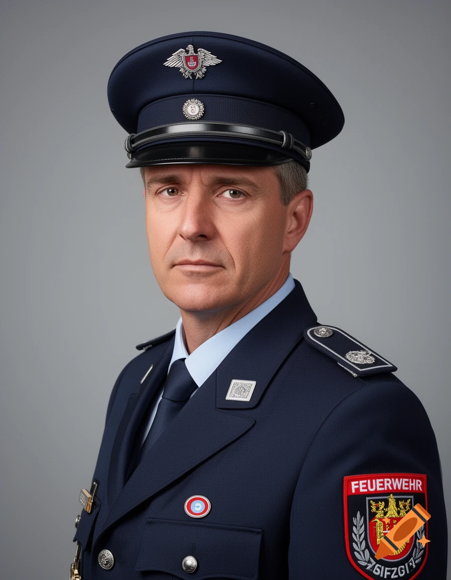 Photorealistic bust portrait of a serious man in a dark blue fire protection uniform with a cap, against a gray background.