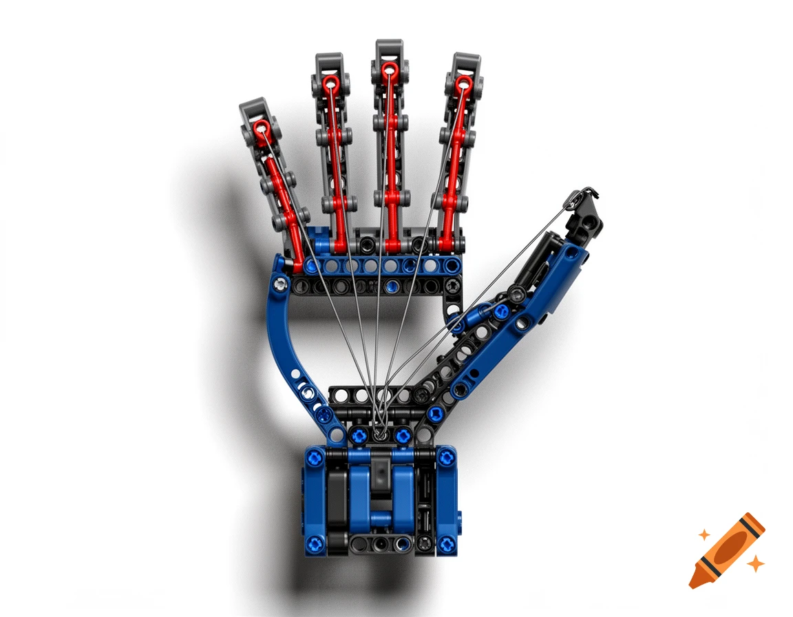 Top-down view of a detailed LEGO Technic bionic hand in blue, black, and red, with visible strings and a white background.