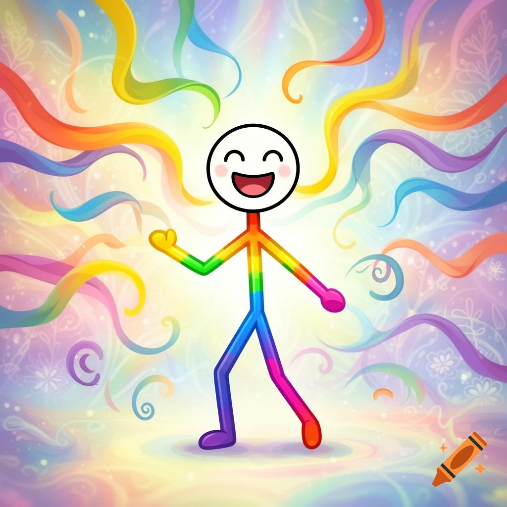 A happy rainbow-colored stickman character stands amidst colorful swirling ribbons and floral patterns in a vibrant cartoon style.