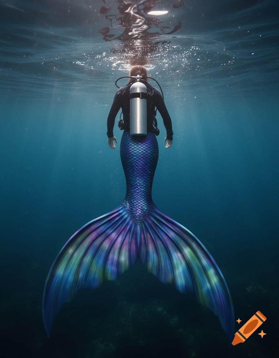 A diver with a scuba tank and a vibrant mermaid tail swims underwater, viewed from behind with light rays filtering from above.