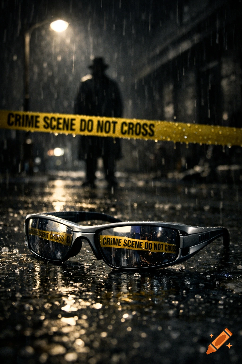 Futuristic glasses on wet pavement reflecting crime scene tape and a shadowy figure in a dark, rainy city street under a lamp.