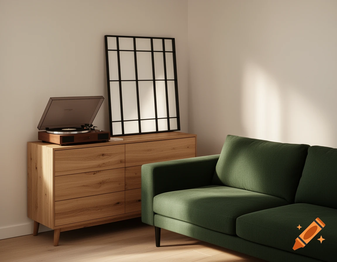 Cozy Scandinavian living room with a green sofa, a wooden dresser with a record player, and a black grid mirror.