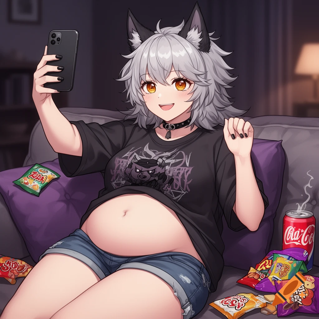 An anime-style werewolf woman with grey hair and wolf ears takes a selfie on a couch, wearing a black t-shirt and short shorts, surrounded by snack bags and a soda can.