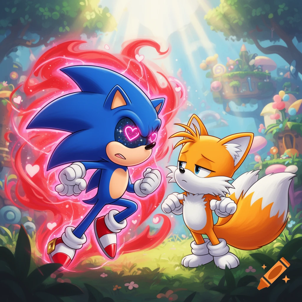 Sonic the Hedgehog with glowing heart eyes and a red aura looks lovingly at a displeased Tails in a vibrant, whimsical forest setting.