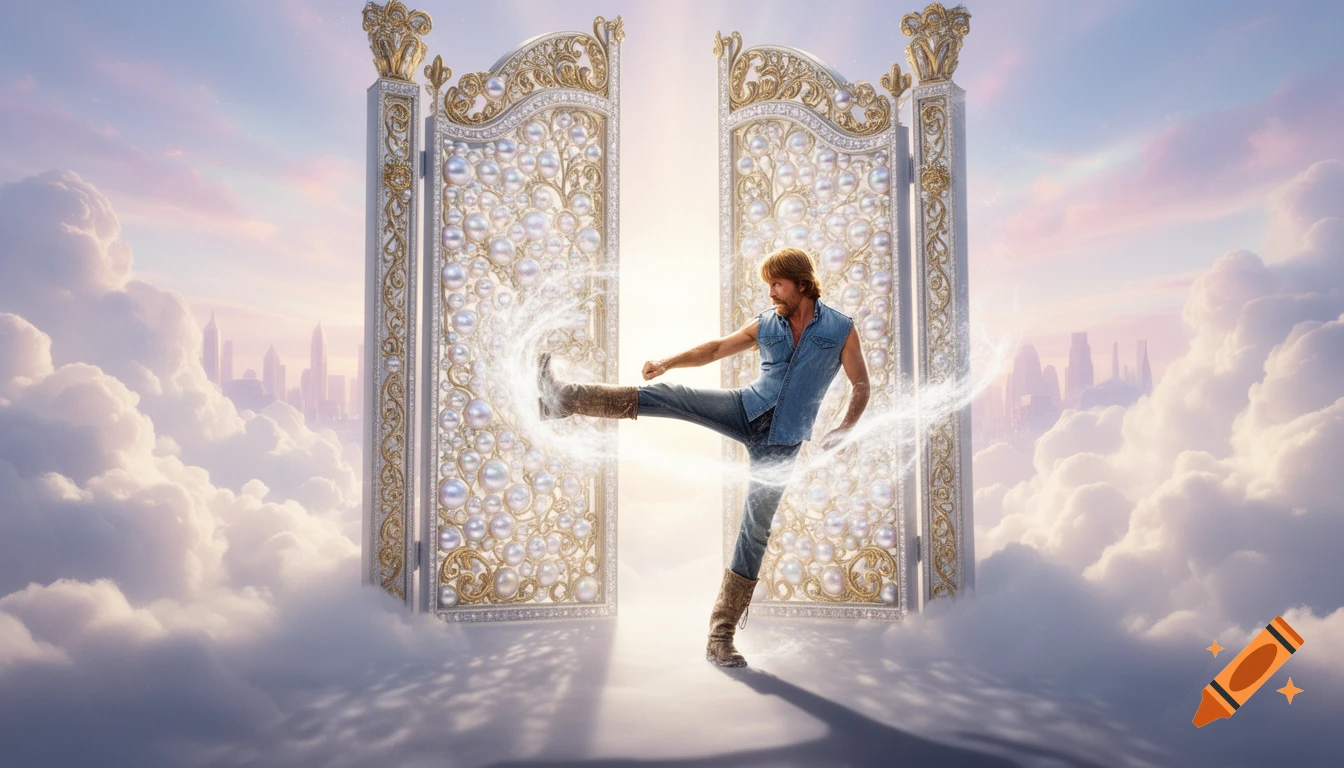 Chuck Norris, in a denim vest and jeans, roundhouse kicks ornate pearly gates in a cloudy, celestial sky with distant city silhouettes.
