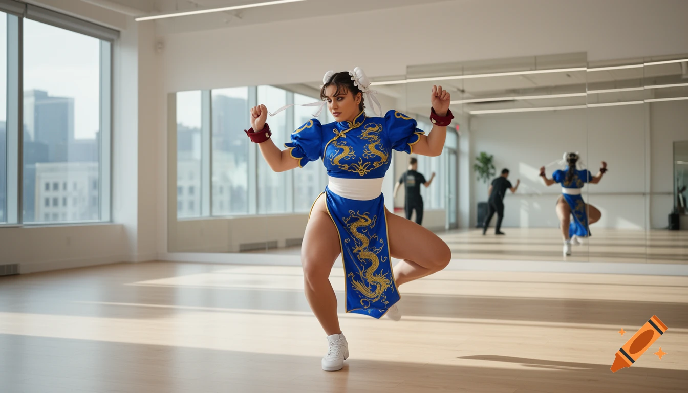 A woman dressed as Chun-Li in a blue and gold cheongsam poses dynamically in a modern dance studio with large windows and mirrors.