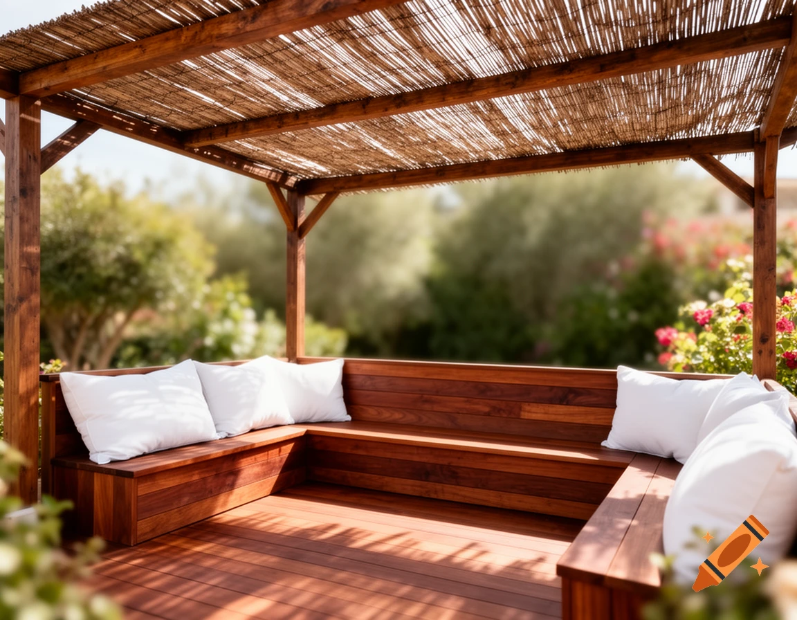 A sunny wooden patio with a pergola, featuring built-in wooden benches with white cushions and a reed roof, set in a lush garden.
