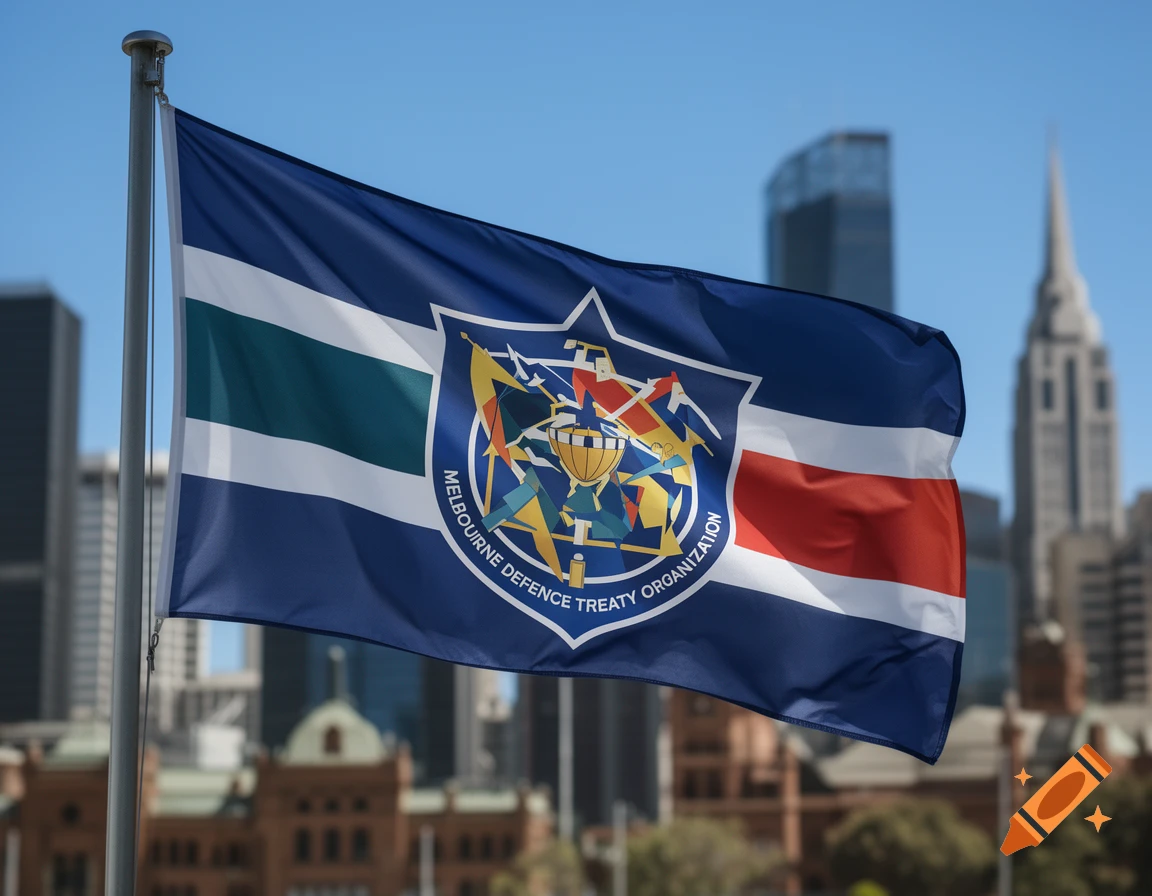 A flag for the Melbourne Defence Treaty Organization flying against a blue sky with blurred city buildings in the background.