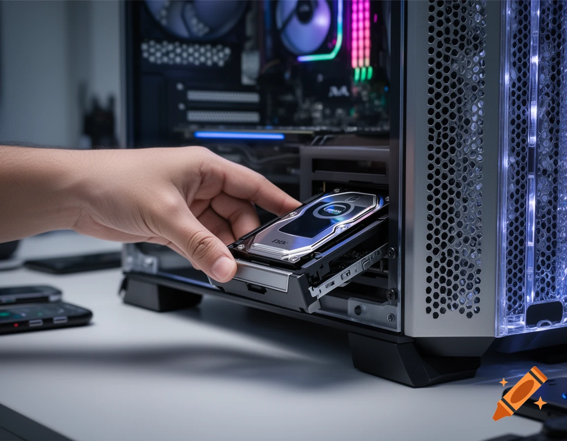 A hand slides a silver hard drive into a desktop computer case with blue internal lights, on a white desk. Photorealistic style.