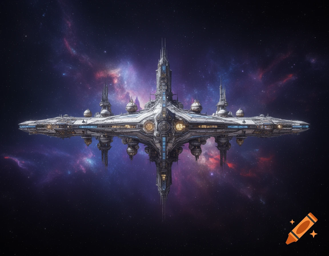 A highly detailed and intricate spaceship floats majestically in deep space against a backdrop of colorful nebulae and stars.