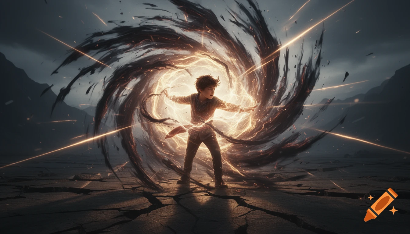 Young boy stands on cracked earth, unleashing swirling golden energy and dark shadows in a cinematic fantasy scene.
