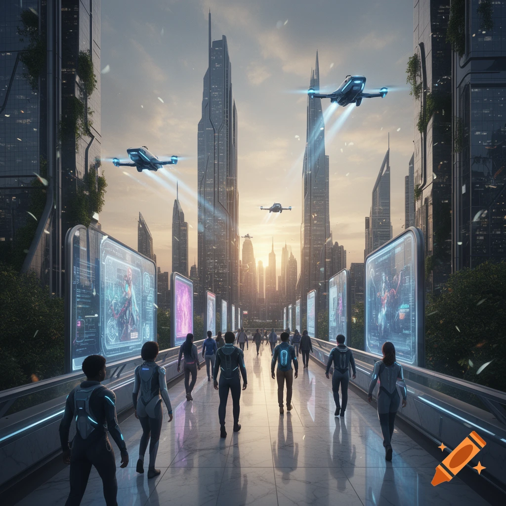 People walk along an elevated path in a bustling futuristic city with ...