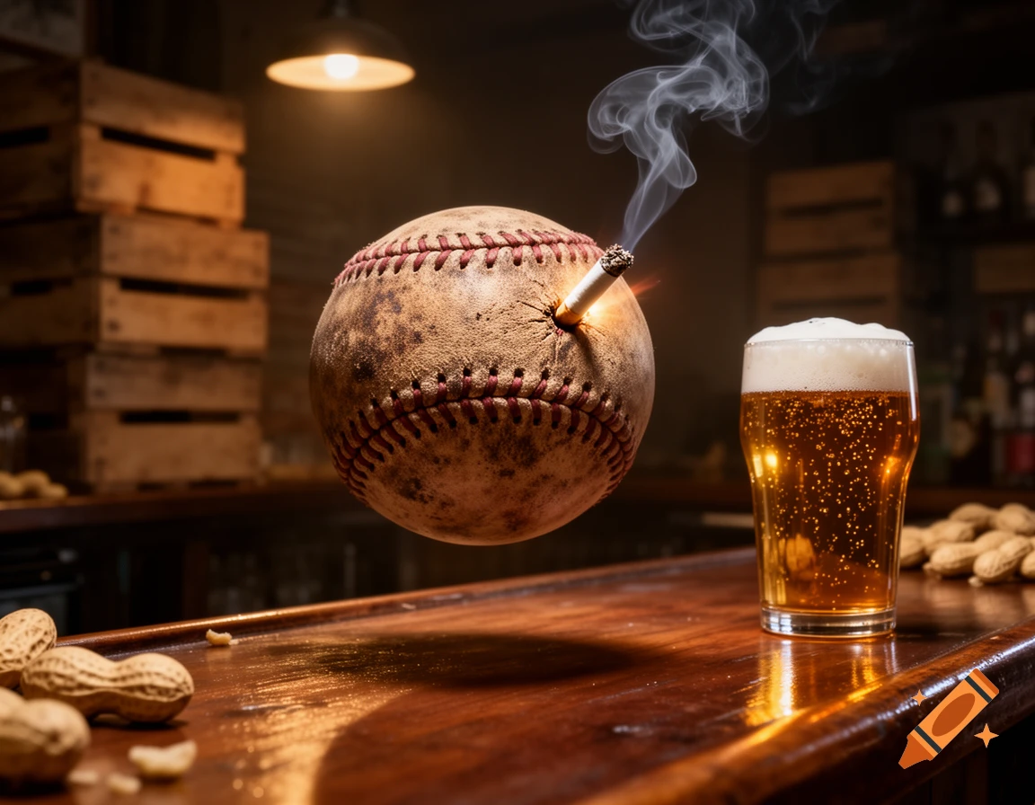 A photorealistic image of a baseball with a lit cigarette on a wooden bar counter next to a glass of beer and peanuts.
