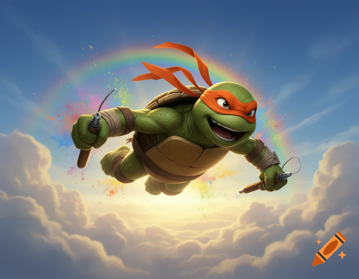 Michelangelo the Ninja Turtle flies happily through a sunny blue sky with clouds, a rainbow, and colorful paint splatters.