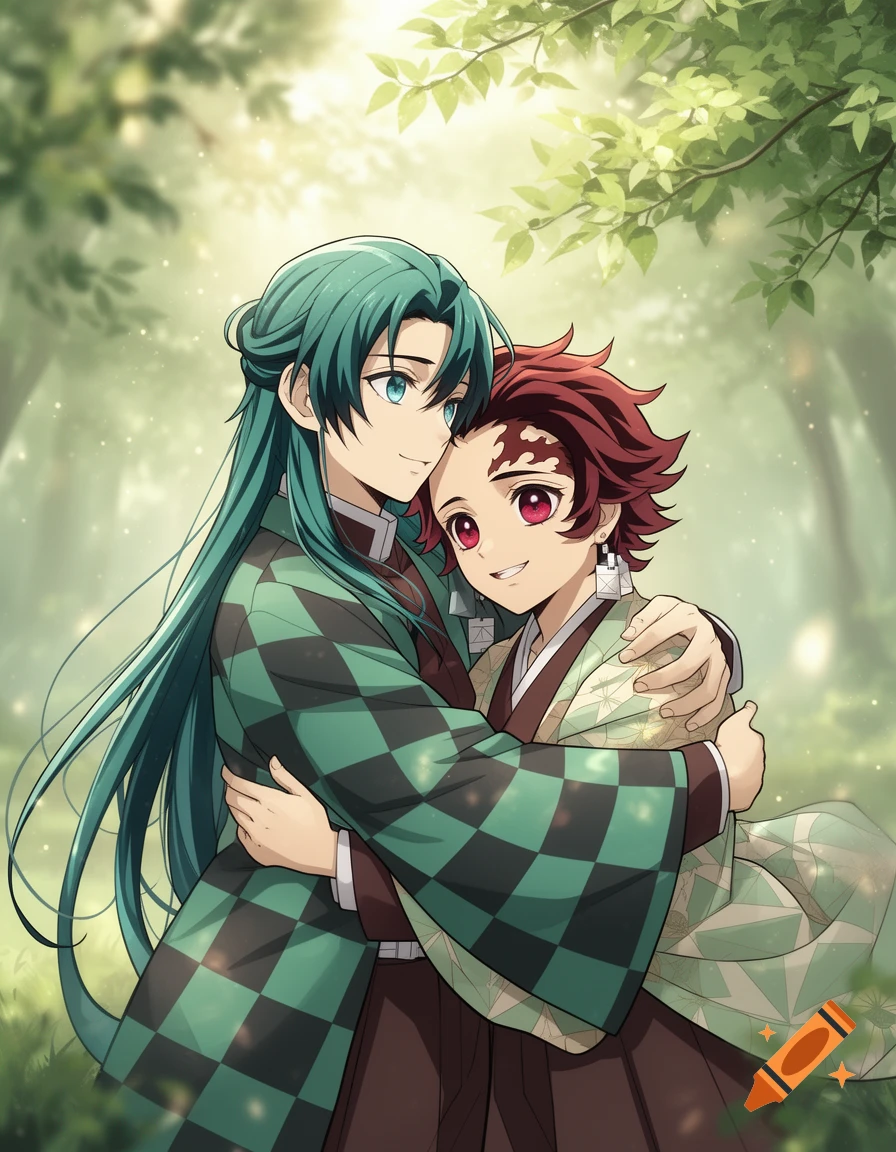 Two anime characters, Muichiro Tokito and Tanjiro Kamado, embrace lovingly in a lush green forest.