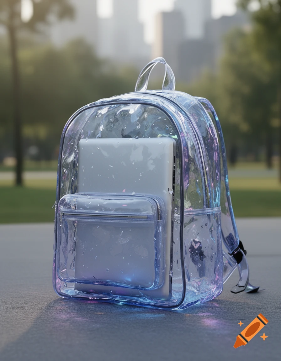 A clear, iridescent backpack, appearing made of water with droplets, holds a silver laptop, set on a pavement with a blurred city park background.
