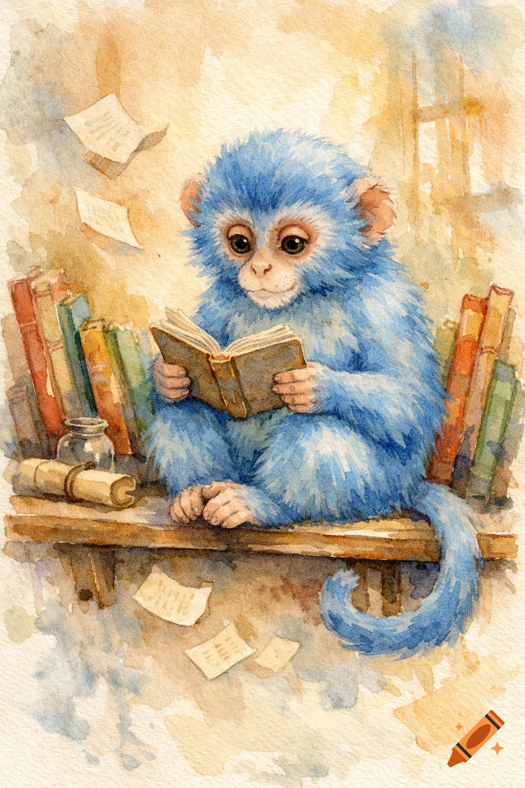 Watercolor illustration of a fluffy blue monkey sitting on a wooden shelf, engrossed in reading a book amidst other books and floating papers.