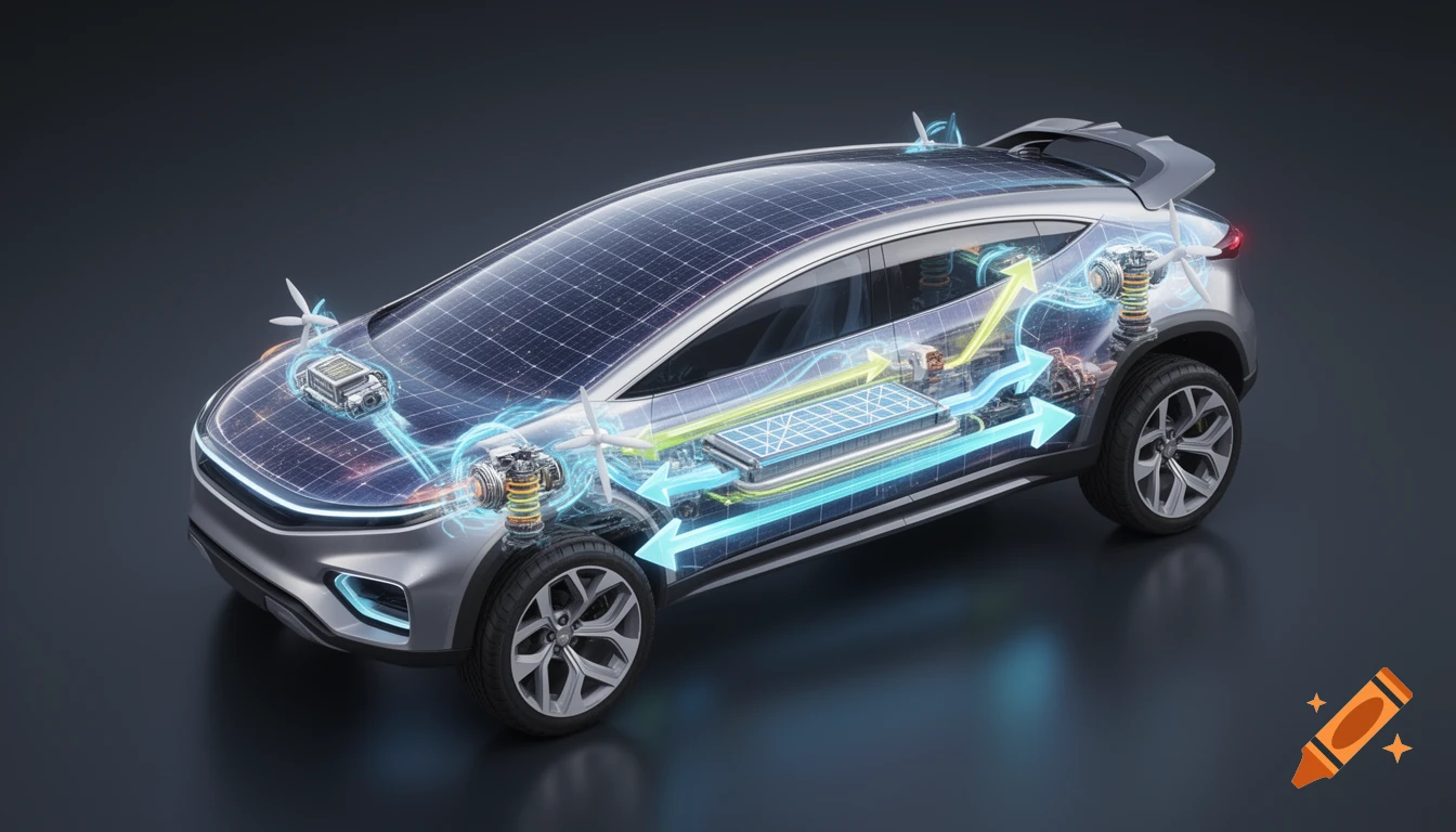 A 3D render of a futuristic electric car with solar panels on the body and glowing arrows highlighting internal energy flow from wind turbines and battery.