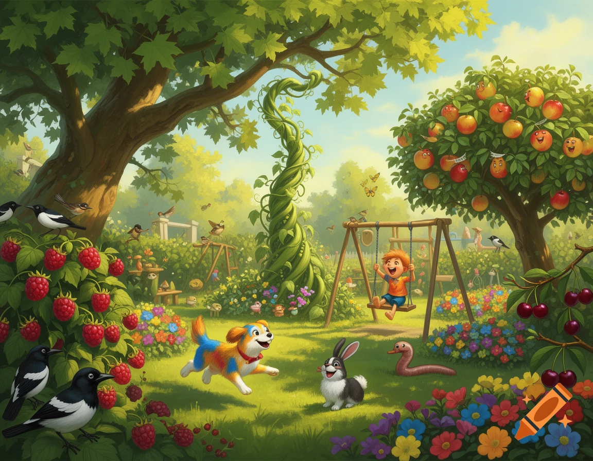 Whimsical illustration of a colorful garden with a boy on a swing, a dog, a rabbit, talking apples, berry bushes, and birds under a large tree.