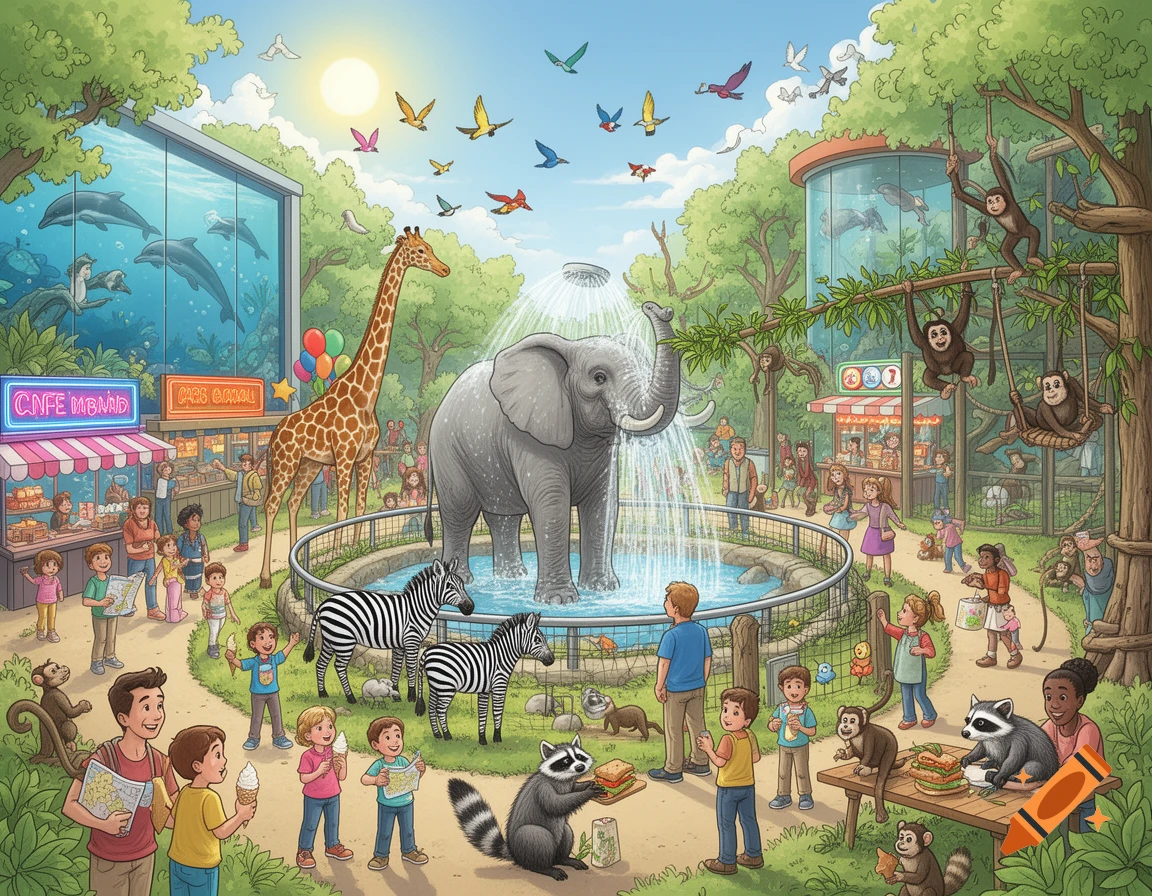 Vibrant, detailed illustration of a bustling zoo with elephants, giraffes, zebras, dolphins, monkeys, and raccoons, surrounded by visitors.
