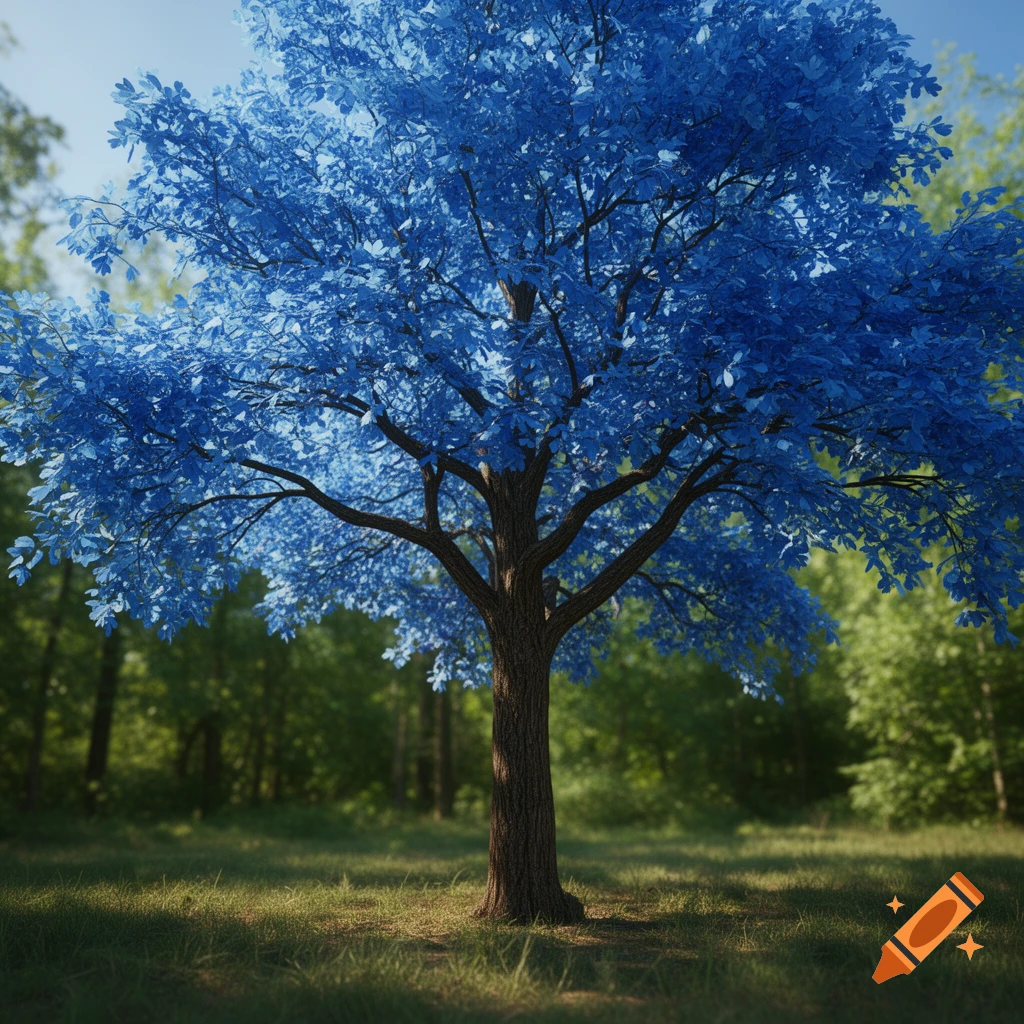 A photorealistic image of a tree with vibrant blue leaves standing in a grassy field with a forest background under a clear sky.
