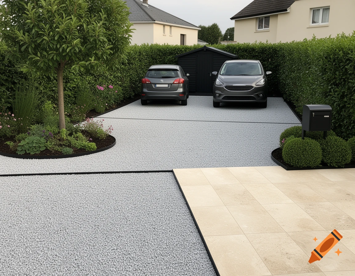 A modern residential entrance with a light grey gravel driveway, beige patio, green hedges, trees, a black shed, and two cars parked.