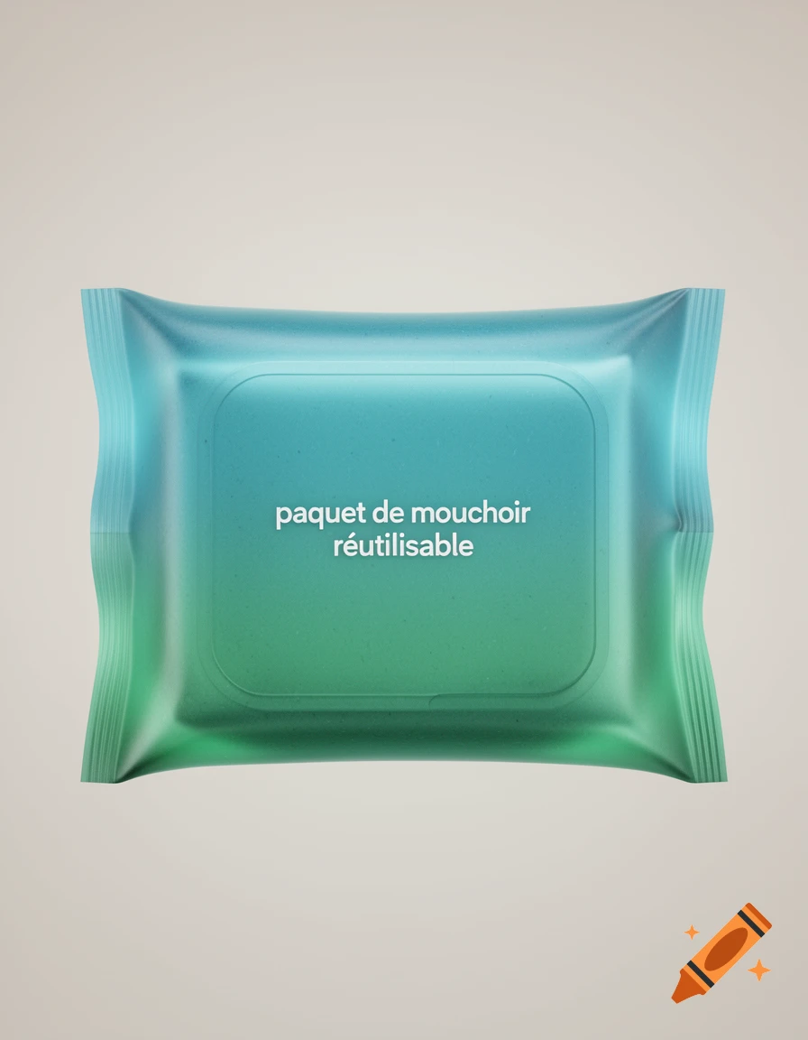 A translucent gradient blue and green plastic package of reusable tissues with text on a light background.