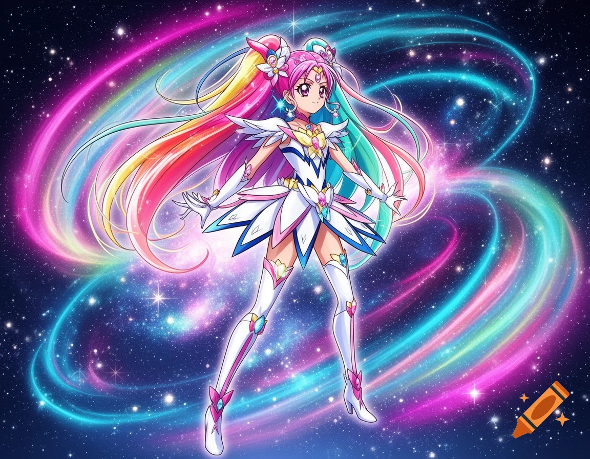 An anime magical girl with rainbow hair in a white and blue outfit stands in a starry cosmic background with swirling colorful energy.