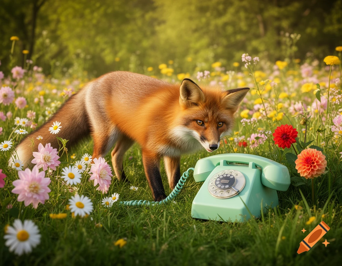 A photorealistic image of a fox standing in a field of colorful wildflowers, looking at a mint green vintage rotary telephone on the grass.