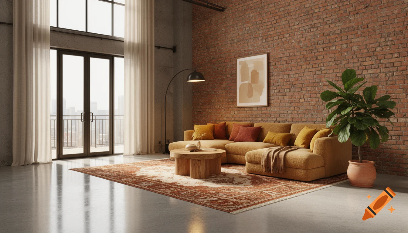 Photorealistic industrial loft living room with concrete floors, exposed brick wall, camel sectional sofa, patterned rug, fiddle leaf fig plant, and large windows.