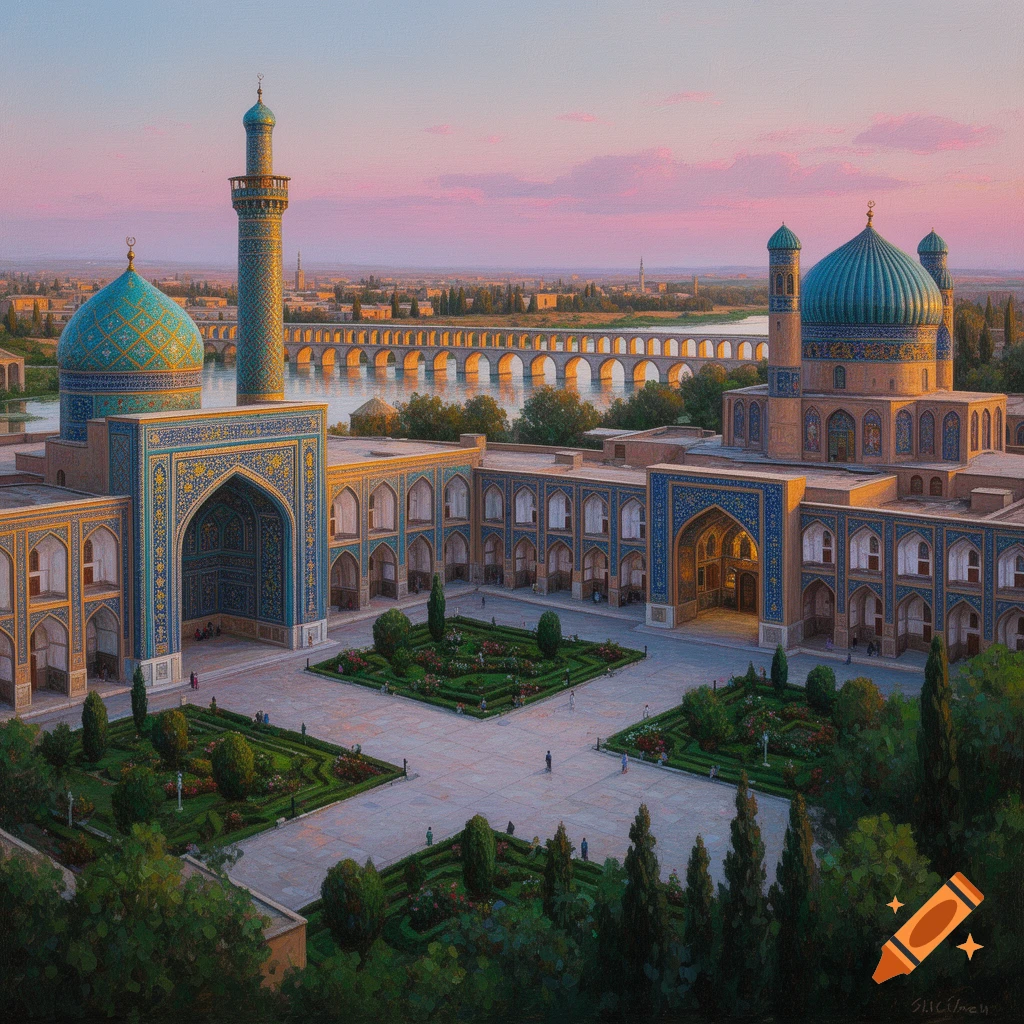 Aerial painting of a vibrant mosque complex with domes, minarets, a courtyard, and a distant arched bridge over a river at sunset.