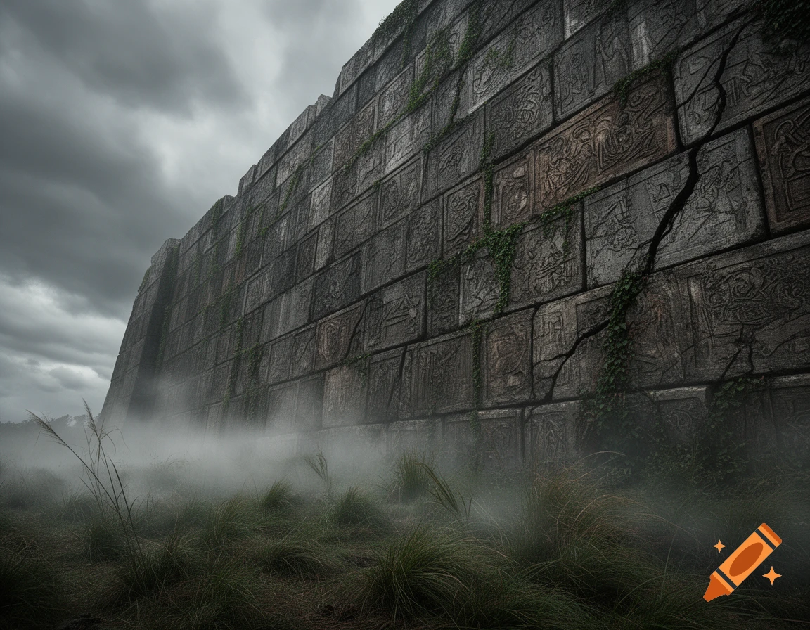 A massive, ancient stone wall with intricate carvings and creeping vines rises from dense fog and tall grass under a dark, cloudy sky.