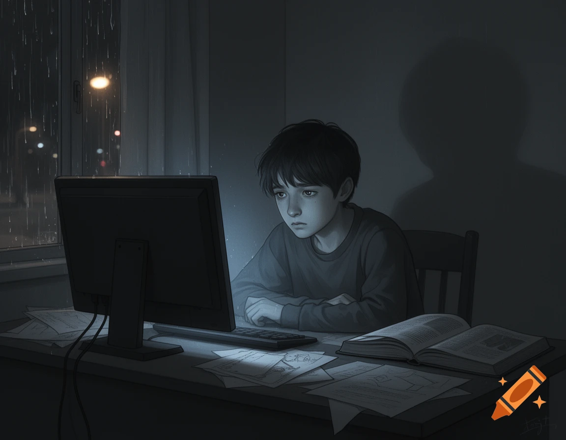 An illustration of a sad teenager looking at a glowing computer screen in a dark, rainy room.