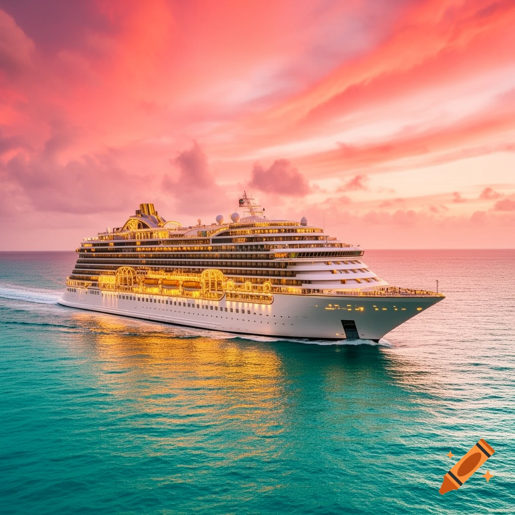 A luxurious cruise ship sails on turquoise water at sunset under a sky with pink and orange clouds, photorealistic.