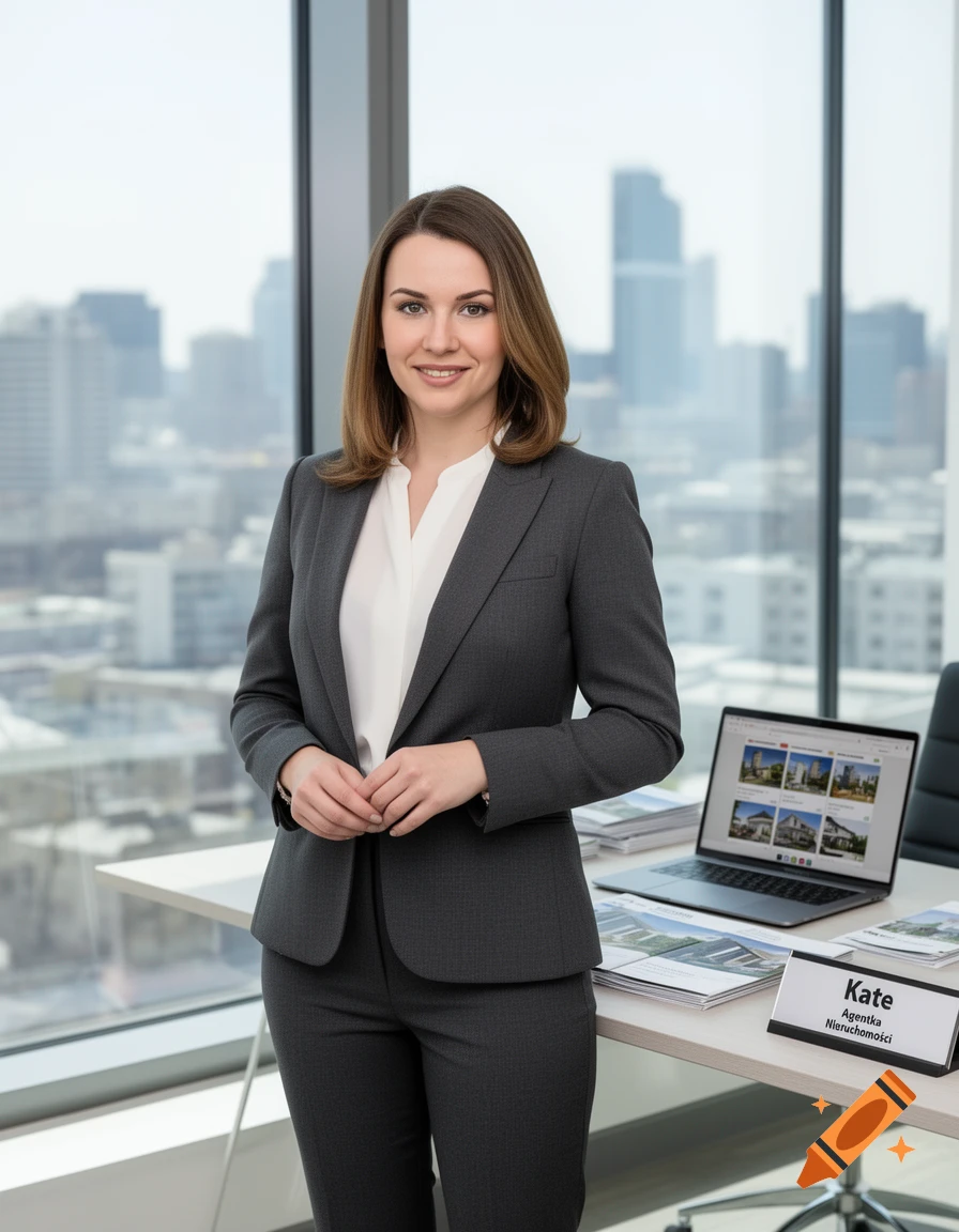 Photorealistic portrait of a smiling woman in a gray suit, a real estate agent named Kate, in a modern office with a city view.