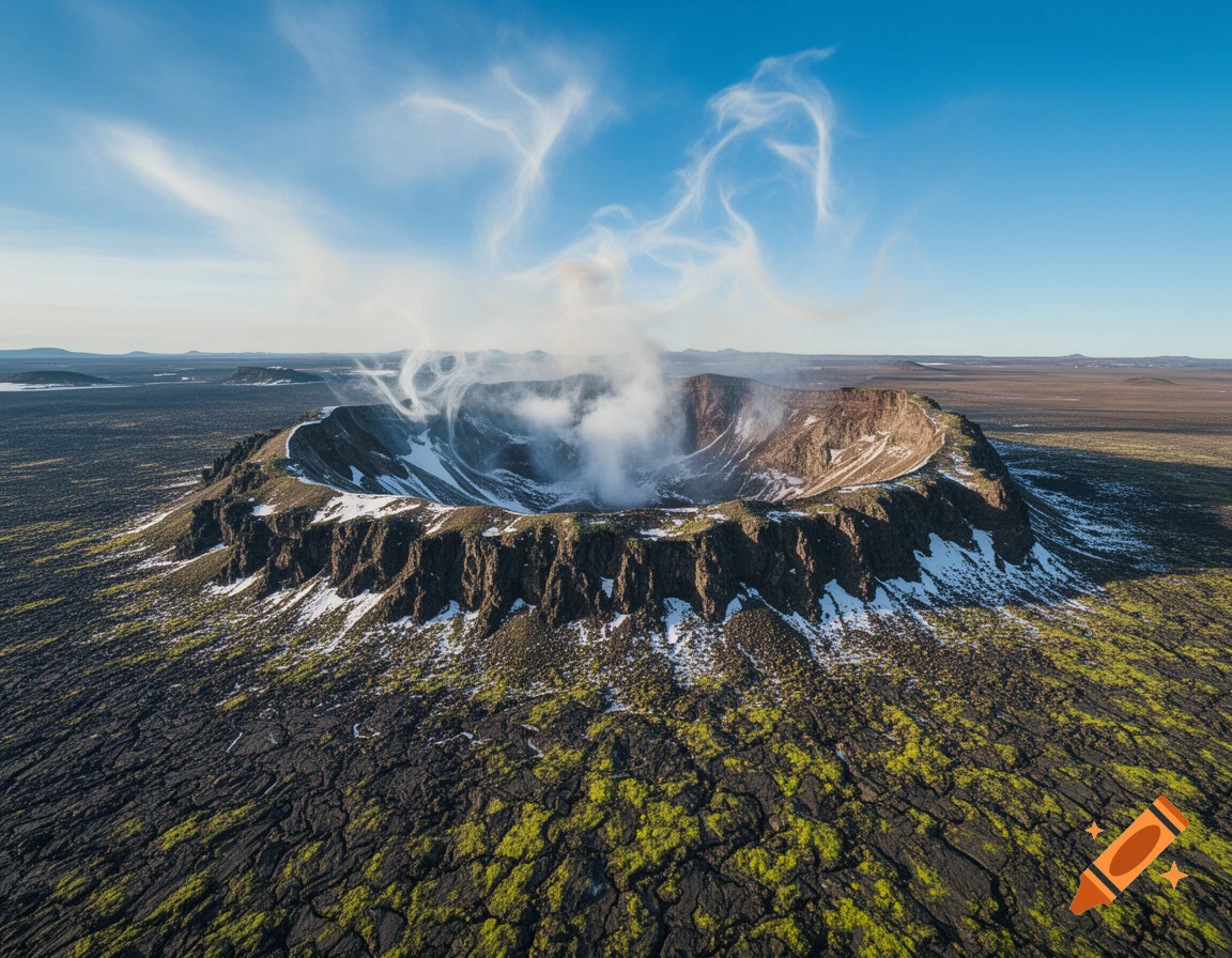 Aerial view of a steaming caldera, surrounded by dark volcanic rock, patches of snow and green moss, under a blue sky.