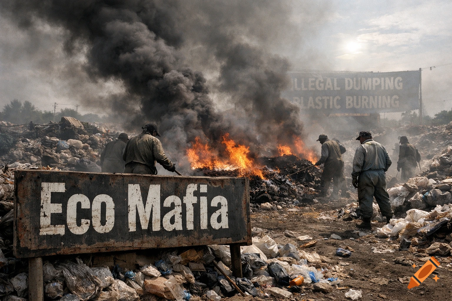Workers burn trash in a smoke-filled landfill. Signs read 'Eco Mafia' and 'ILLEGAL DUMPING PLASTIC BURNING'.
