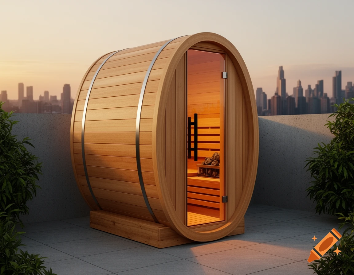 Photorealistic compact cedar sauna pod with a glass door on an urban rooftop at dusk, city skyline visible.