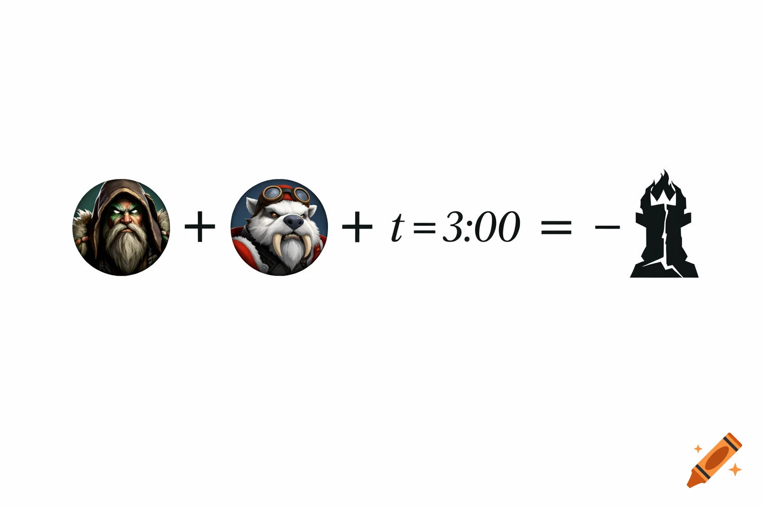 A DOTA 2 rebus equation: a bearded man icon + a white wolf icon + t=3:00 = - a cracked black tower silhouette.