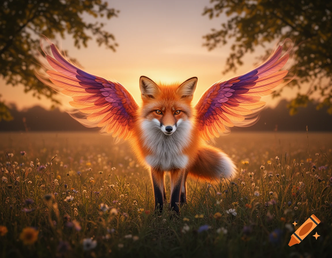 A majestic red fox with large, colorful wings stands in a sunlit grassy field at sunset.