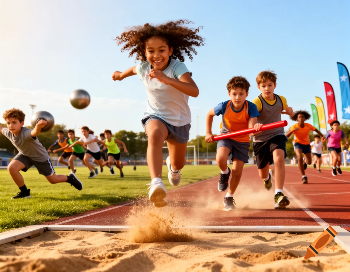 Diverse children competing in various athletics events like long jump, shot put, and relay races on a sunny track.