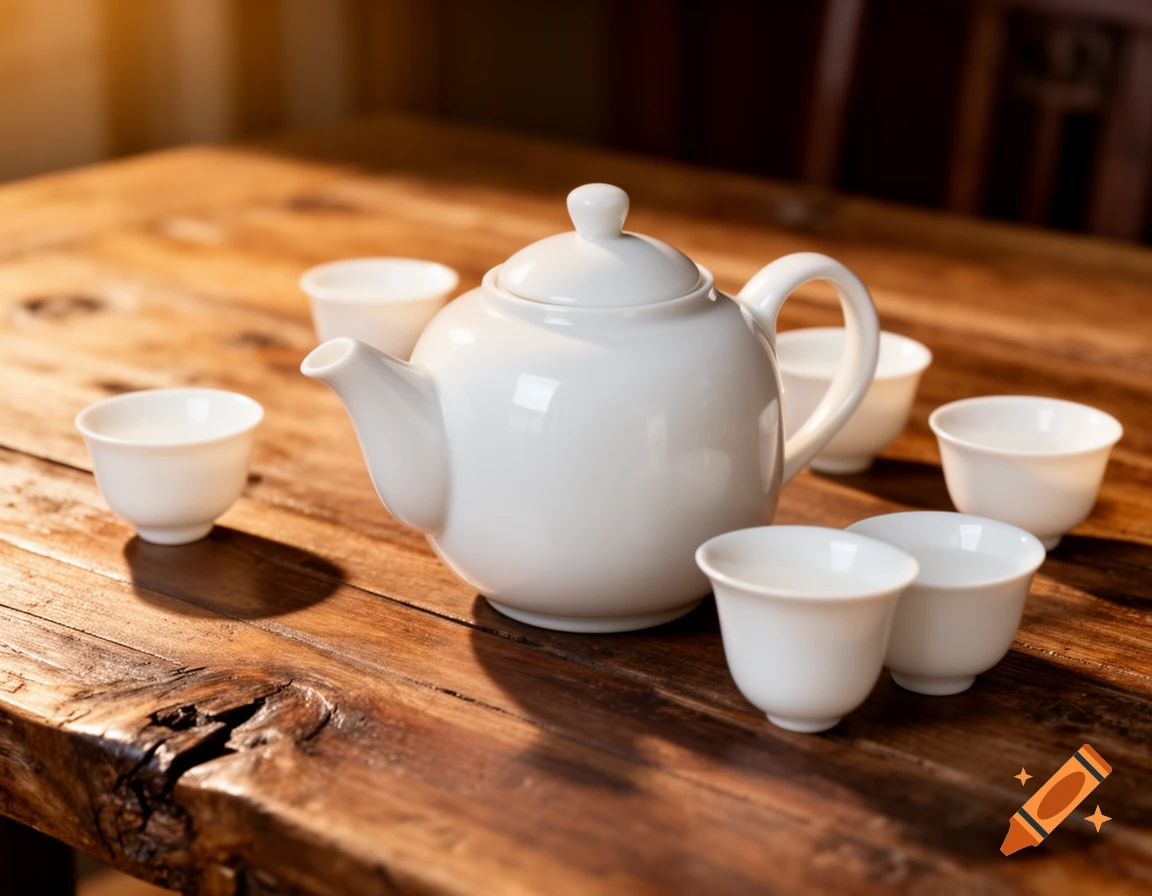 White porcelain teapot and several teacups on a rustic wooden table with warm lighting, photorealistic.