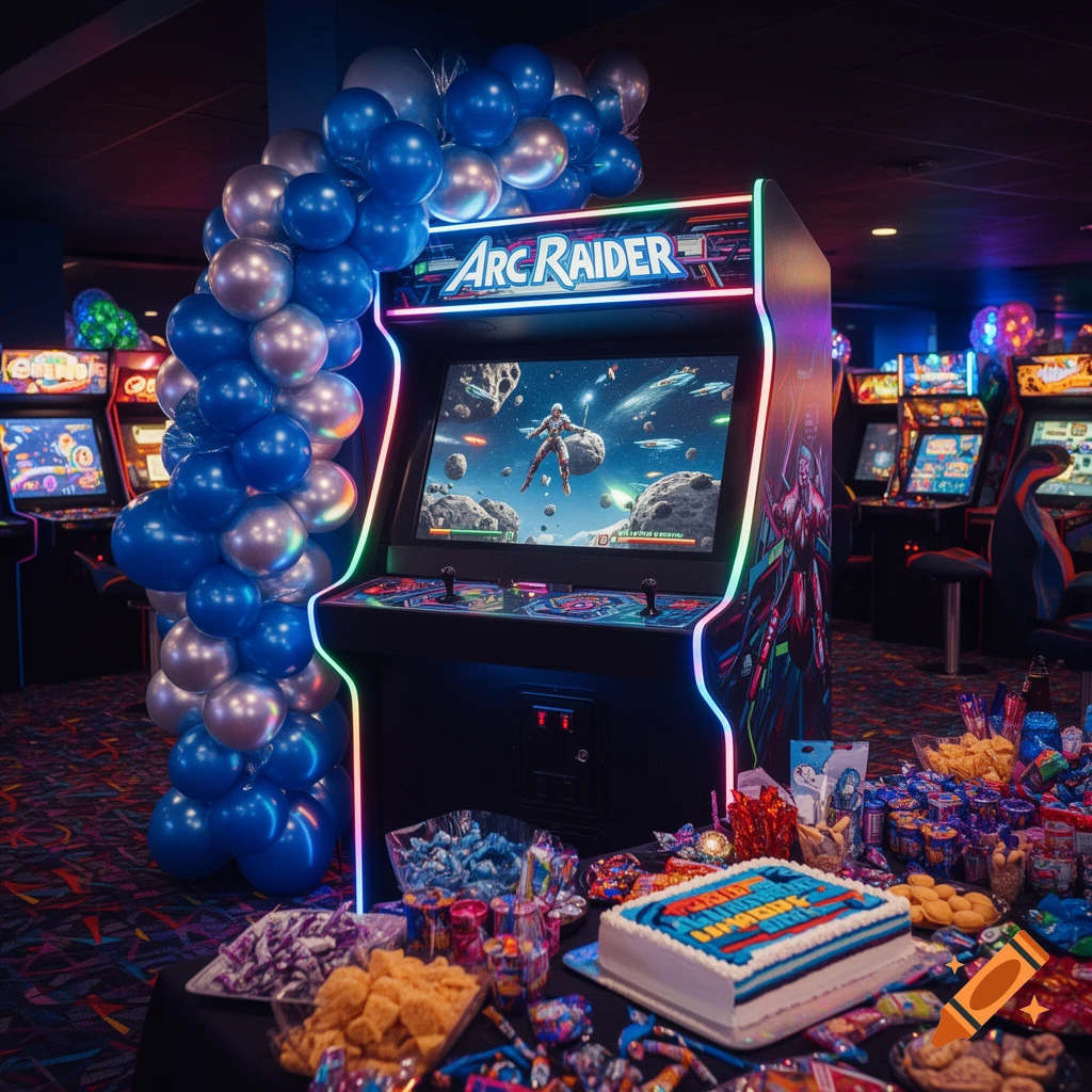 An arcade machine displaying a space game, surrounded by blue and silver balloons, a birthday cake, and a table full of sweets and snacks, in a dimly lit arcade.