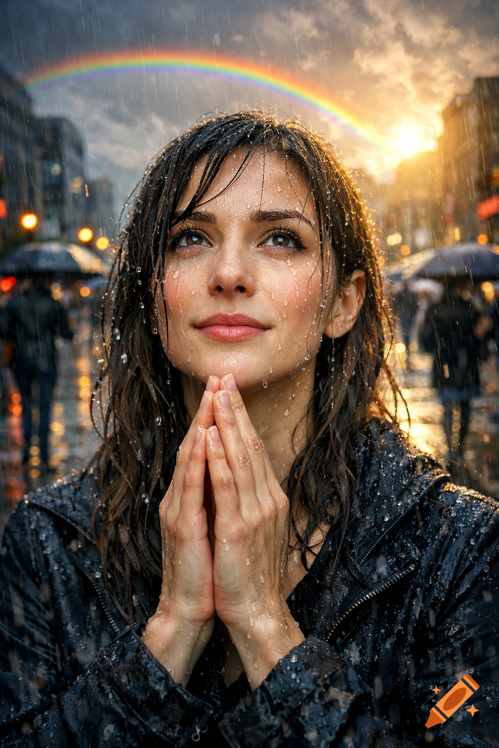 Photorealistic portrait of a woman looking up hopefully in the rain with hands clasped in prayer, a rainbow and sunset visible in the city background.