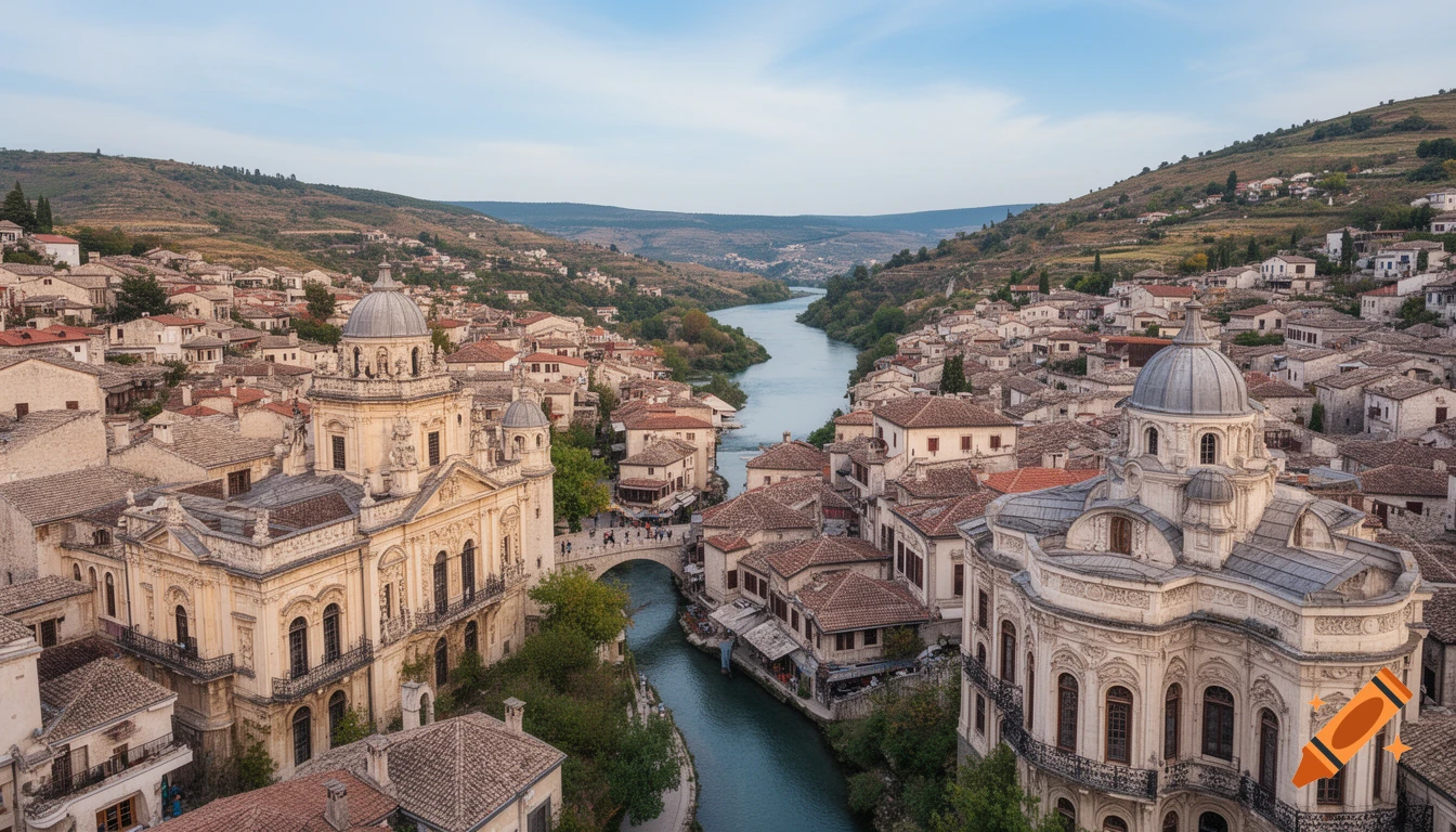 A bird's eye view of an old town with ornate baroque buildings lining a river that winds through a valley with hills.