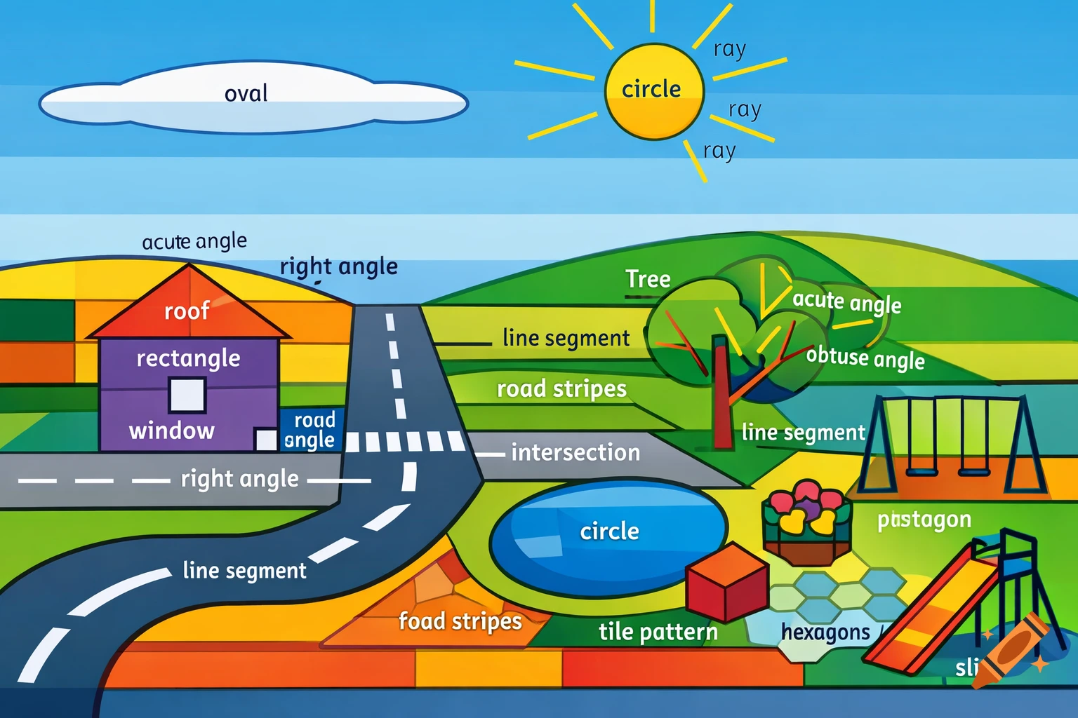 A cartoon diagram of a town scene with geometric shapes and concepts labeled, including a house, road, park with a pond, tree, and playground. Labels like 'circle', 'rectangle', 'acute angle', 'line segment', and 'road stripes' are visible, along with some misspellings.