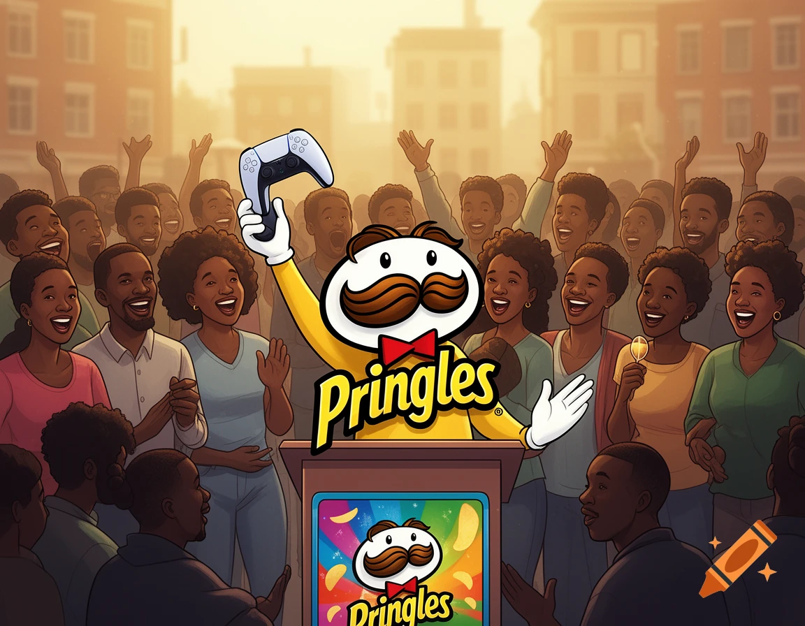 A cartoon Pringles character gives a speech to a cheering crowd of people while holding a PS5 controller.