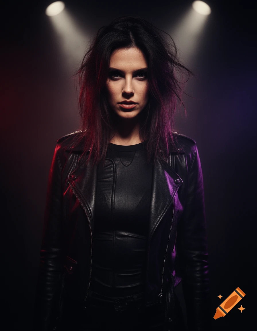 A woman with messy dark hair and intense eyes, wearing a black leather jacket, stands in dramatic red and purple spotlighting.