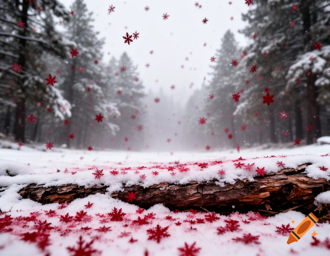 Photorealistic image of a snowy forest with a log covered in snow and many crimson red snowflakes falling and scattered on the ground.